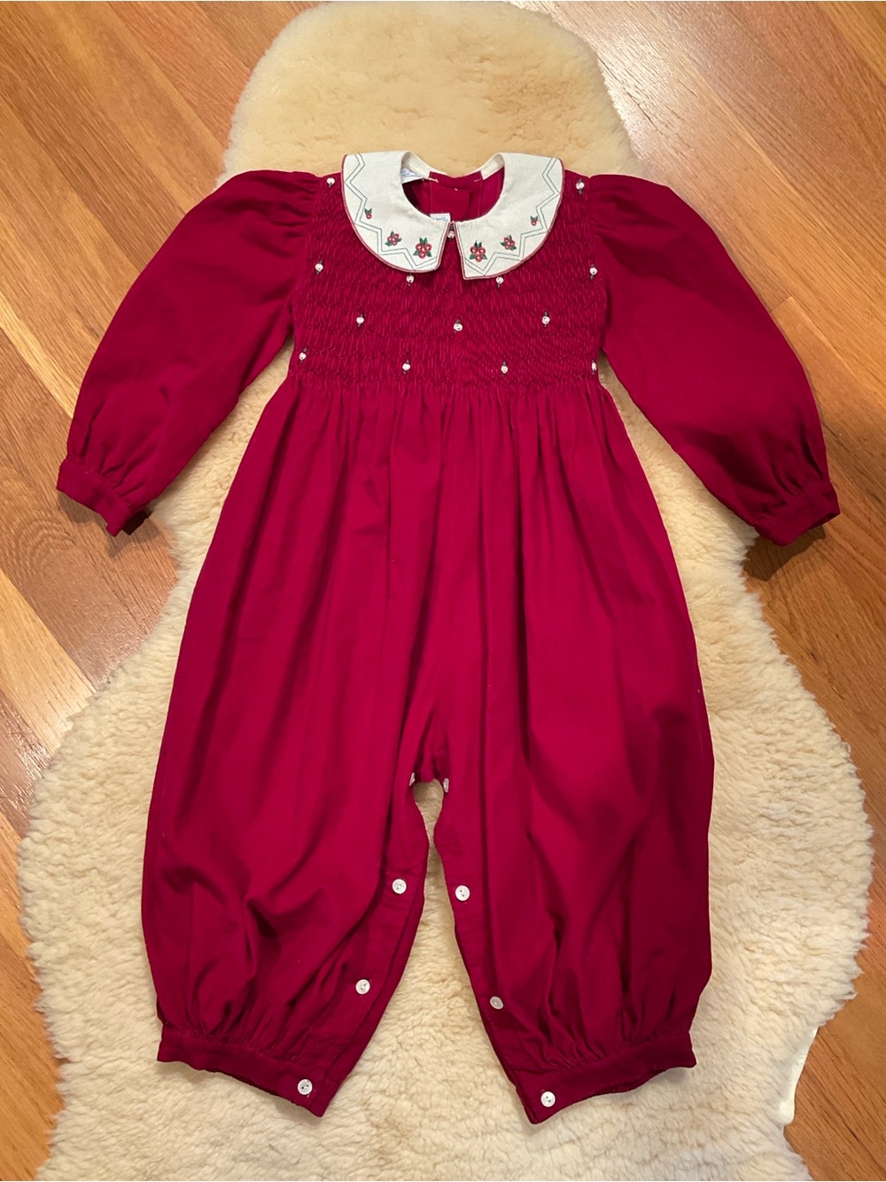 Vintage Vive La Fete smocked burgundy corduroy romper